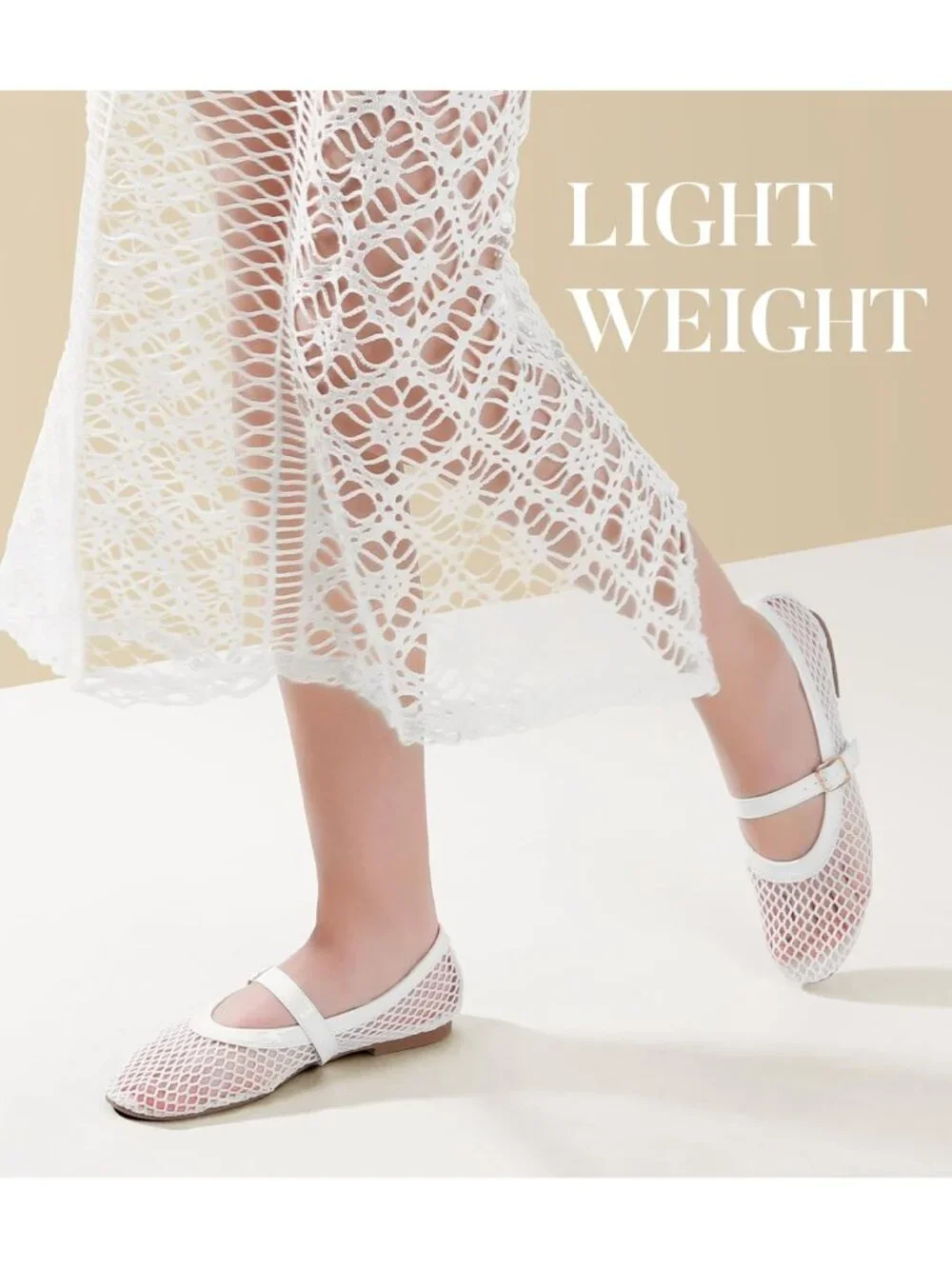 Women's White Mesh Summer Ballet Buckle Strap Mary Jane Flats Sandals Shoes